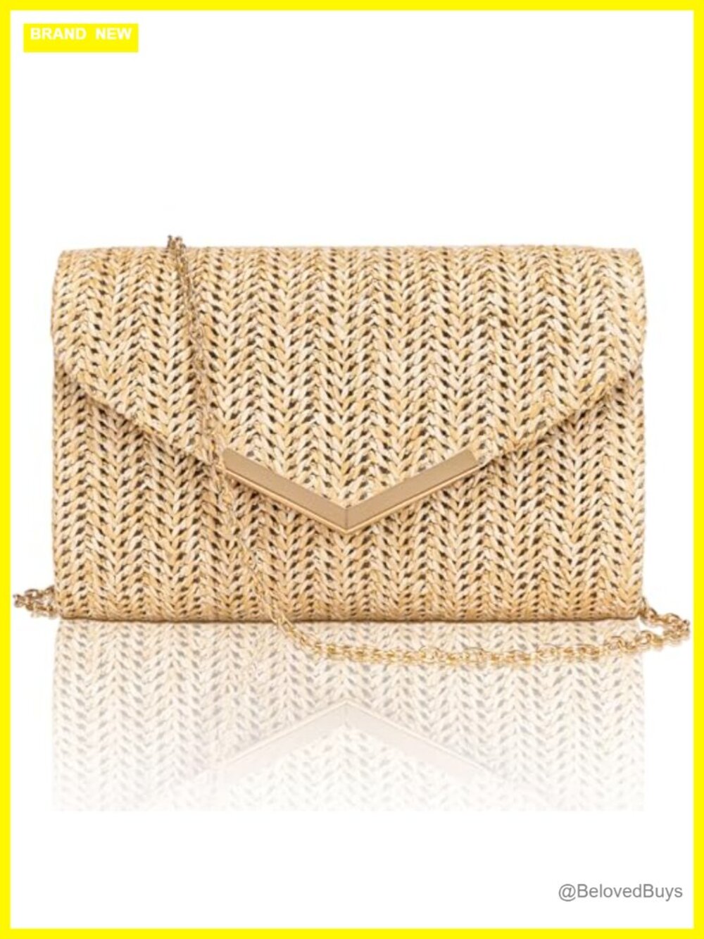 Women's Envelope Clutch Handbag with Detachable Chain, Straw Woven Evening